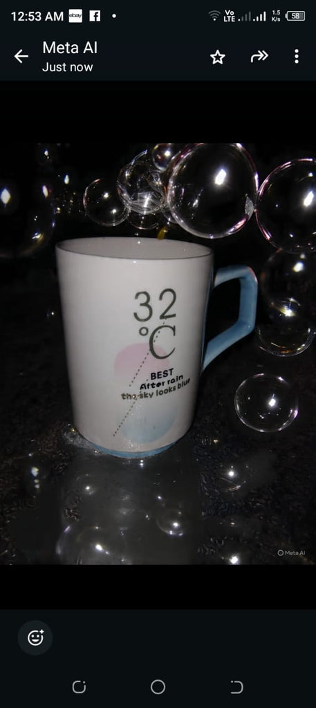 “32°C Printed Ceramic Coffee Mug with Blue Handle – Aesthetic Quote Mug for Home & Office”