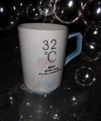 “32°C Printed Ceramic Coffee Mug with Blue Handle – Aesthetic Quote Mug for Home & Office”