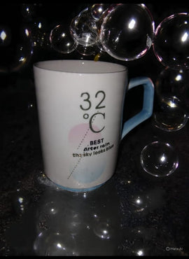 “32°C Printed Ceramic Coffee Mug with Blue Handle – Aesthetic Quote Mug for Home & Office”